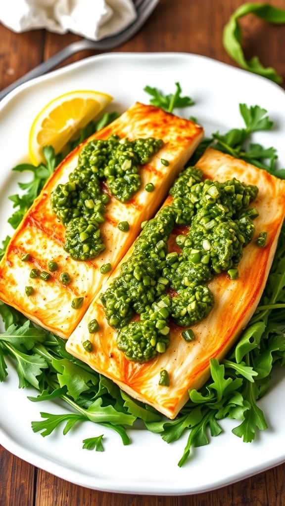 Seared sea bass fillets with salsa verde on a plate, garnished with arugula and lemon.
